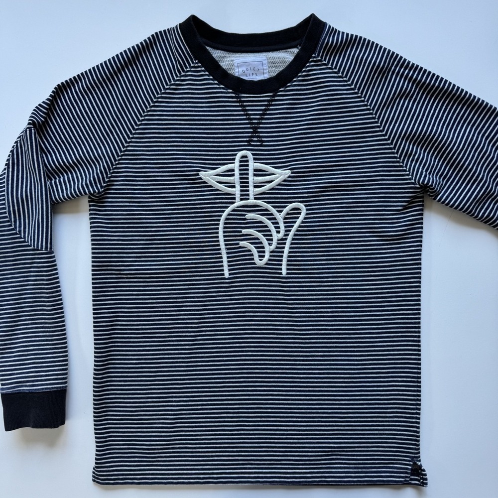 THE QUIET LIFE Stiped‎ Crew Neck Sweatshirt w/ Elbow Pads Medium Blue Streewear